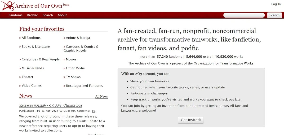 Screenshot: Archive of Our Own