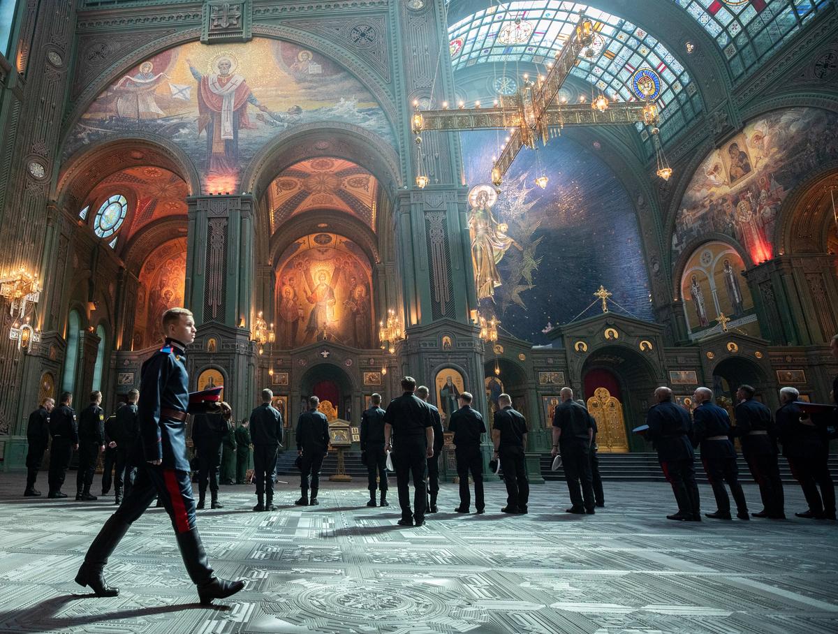 Russian soldiers attend a service at Main Cathedral of the Russian Armed Forces outside Moscow, on 23 June 2020. EPA/SERGEI ILNITSKY