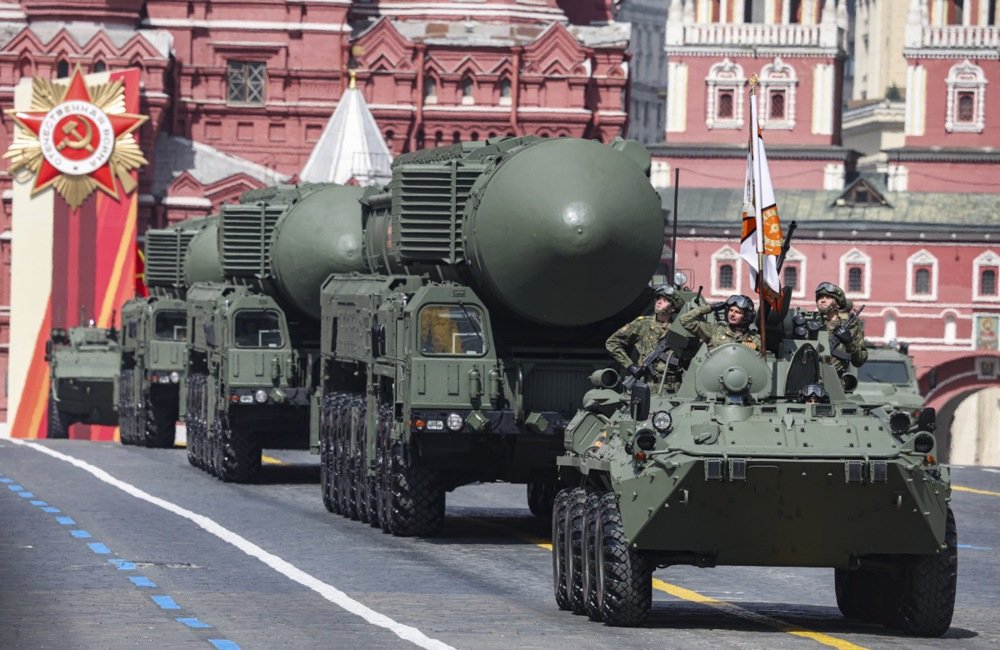 Russian Yars intercontinental ballistic missile launchers take part in the Victory Day military parade in Moscow on 9 May 2025. EPA/MAXIM SHIPENKOV