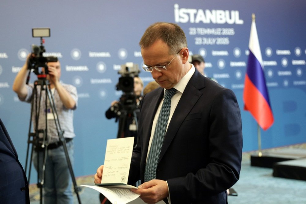 Russian presidential aide Vladimir Medinsky prepares to address the media during a press conference following a new round of peace talks between Russia and Ukraine, in Istanbul on 23 July 2025. EPA/ERDEM SAHIN