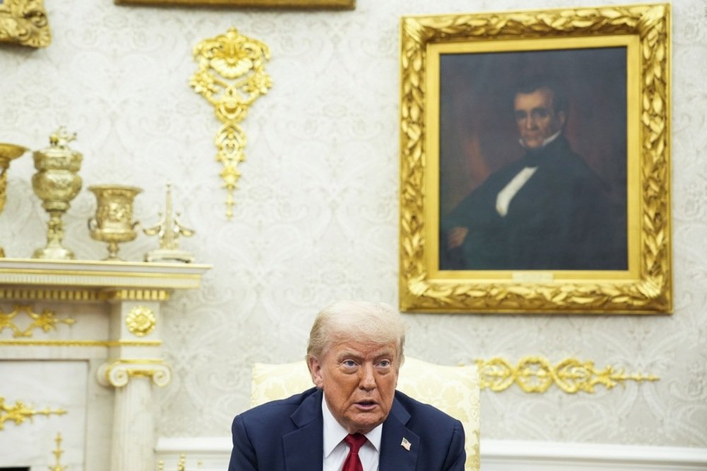 US President Donald Trump speaks during a meeting with NATO Secretary General Mark Rutte in the Oval Office on 14 July 2025. EPA/YURI GRIPAS / POOL