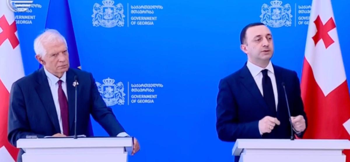 Брифинг Ираклия Гарибашвили и Жозепа Борреля. Фото: скрин видео